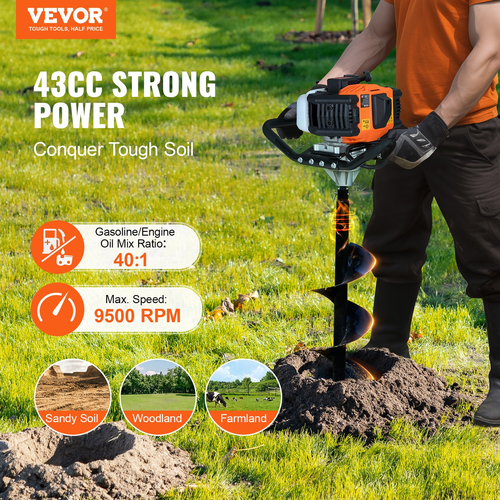 VEVOR Gas Post Hole Digger 43CC 1250W με τρυπάνια 8 ιντσών για Farm Garden Plant