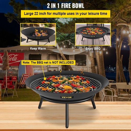 Μπολ VEVOR Fire Pit, 22 ιντσών βαθύ στρογγυλό μπολ από ανθρακούχο χάλυβα, καύση ξύλου για εξωτερικά αίθρια, αυλές και χρήσεις κάμπινγκ, με τρύπα αποστράγγισης και ραβδί καυσόξυλου, μαύρο