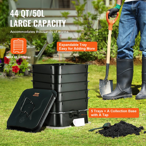 VEVOR 5-Tray Worm Composter, Κάδος 50 L Worm Compost Outdoor and Indoor, Sustainable Design Worm Farm Kit, για ανακύκλωση απορριμμάτων τροφίμων, χύτευση σκουληκιών, τσάι από σκουλήκια, βερνικοκαλλιέργεια και λιπασματοποίηση