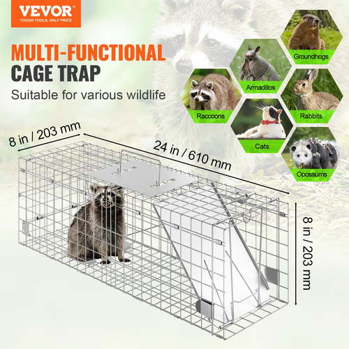 VEVOR Live Animal Cage Trap, 24&quot; x 8&quot; x 8&quot; Humane Cat Trap Γαλβανισμένο Σίδερο, Πτυσσόμενη Παγίδα Ζώων με Λαβή για κουνέλια, αδέσποτες γάτες, σκίουρους, ρακούν, αγριόχοιρους και οπόσουμ