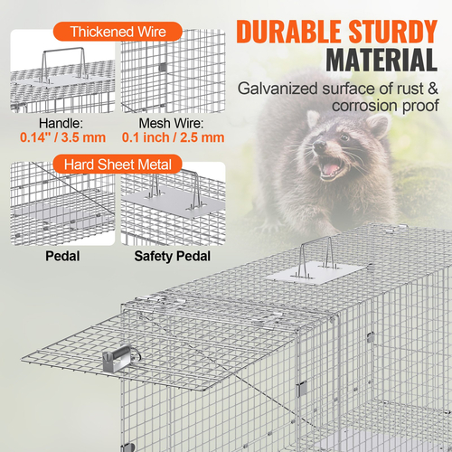 VEVOR Live Animal Cage Trap 50&quot; x 20&quot; x 26&quot; Humane Cat Trap Cats Squirrels Mouse