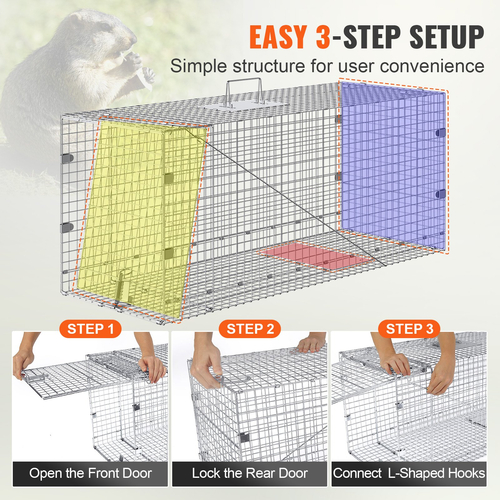 VEVOR Live Animal Cage Trap 50&quot; x 20&quot; x 26&quot; Humane Cat Trap Cats Squirrels Mouse