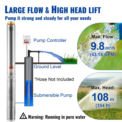 VEVOR Deep Well Submersible Pump Αντλία νερού από ανοξείδωτο χάλυβα 1500W 9,8 m³/h 108 m