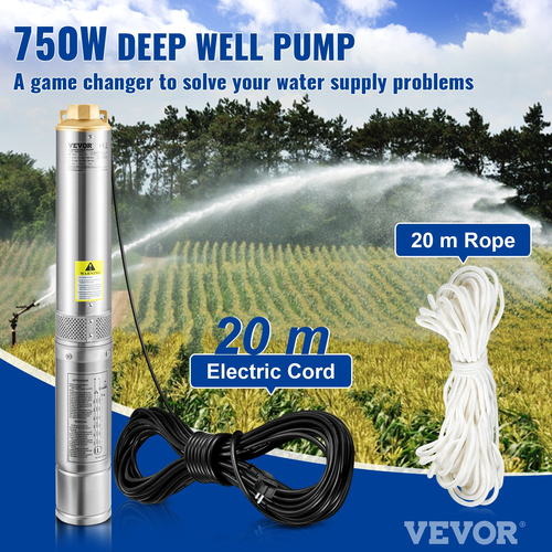 Υποβρύχια αντλία VEVOR Deep Well, 750W 230V/50Hz, 105L/min 62 m Ανθεκτικό στην άμμο &lt;5%, Ηλεκτρικό καλώδιο 20 m, 8,9 cm Αντλίες νερού από ανοξείδωτο χάλυβα για βιομηχανική, άρδευση και οικιακή χρήση, IP68 αδιάβροχο