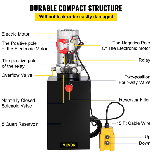 VEVOR Hydraulic Pump Electric Hydraulic Pump 15 Quart Single Acting for Dump Trailer