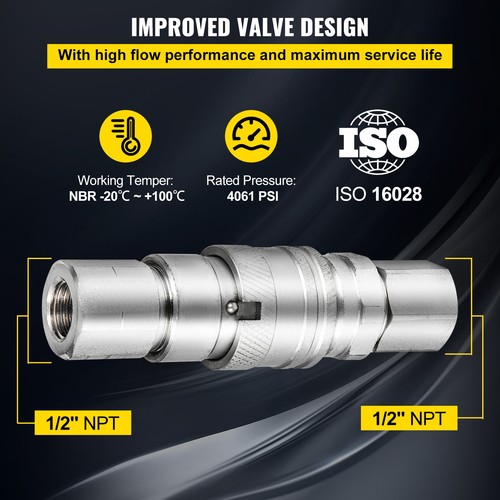 VEVOR Flat Face Hydraulic Couplers 1/2” Body 1/2” NPT Thread, Skid Steer Quick Connect Coupling, 4061 PSI Hydraulic Fittings, Pioneer Hydraulic Couplers with Dust Caps for Bobcat Case, Kubota