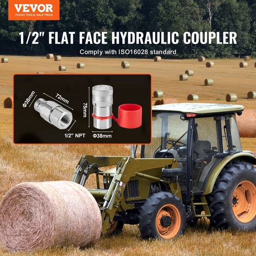 VEVOR 1/2&quot; Flat Face Hydraulic Couplers 3/4 SAE Skid Steer Couplers 2 Dust Caps