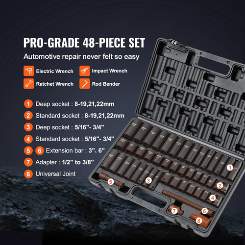 VEVOR 3/8&quot; Drive Impact Socket Set, 48 Piece Socket Set SAE (5/16&quot; -3/4&quot;) &amp; Metric (8-22mm) Μπάρα επέκτασης μονάδας δίσκου Cr-V 6 σημείων Universal Joint &amp; Power Drill Adapter περιλαμβάνει θήκη αποθήκευσης