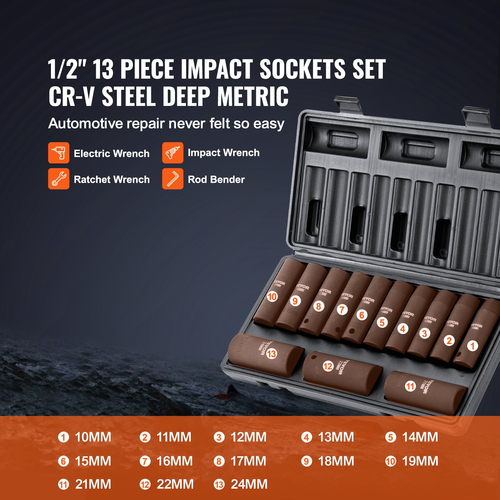 VEVOR 1/2&quot; Drive Impact Socket Set, 13 Piece Deep Socket Set Metric 10-24mm, 6 Point CR-V Alloy Steel for Auto Repair, Ευανάγνωστα σημάδια μεγέθους, στιβαρή κατασκευή, περιλαμβάνει θήκη αποθήκευσης