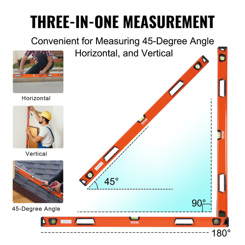 VEVOR Magnetic Torpedo Level, 48 in, Χάρακας φιαλιδίων μηχανικής φυσαλίδας για 45/90/180 μοίρες, εργαλείο ισοπέδωσης από κράμα αλουμινίου με παράθυρο προβολής, ανθεκτικό σε κραδασμούς για μέτρηση υδραυλικών εγκαταστάσεων, ξύλο