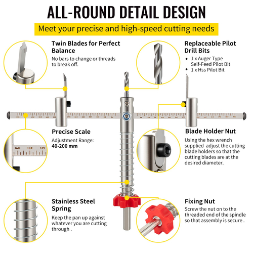 VEVOR Ρυθμιζόμενο κιτ κοπής πριονιού οπών, 1-5/8&quot; έως 8&quot; (40-200 mm), Πριόνι με εσοχή οπών με διπλή λεπίδα με ασπίδα προστασίας από τη σκόνη υπολογιστή, δύο αντικαταστάσιμα τρυπάνια πιλότου, για χωνευτά φώτα, ηχεία οροφής, οπές εξαερισμού
