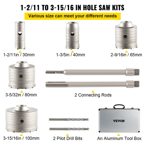 VEVOR Concrete Hole Saw Kit, 1-2/11\&quot;, 1-3/5\&quot;, 2-9/16\&quot;, 3-5/32\&quot;, 3-15/16\&quot; Σετ τρυπανιών SDS Plus &amp; SDS MAX Κόπτης Τοίχων Τρυπών Στέλεχος με Μπέκα 4-1/3\&quot; για σκυρόδεμα, τσιμέντο, πέτρινο τοίχο, Ma