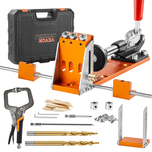 VEVOR Pocket Hole Jig Kit, 34 τμχ Pocket Hole Jig System με 11&quot; C-clamp, Εξάρτημα, Step Drills, κλειδιά, Drill Stop Rings, Square Drive Bits, Toolbox, for DIY Carpentry Projects, Ρυθμιζόμενο