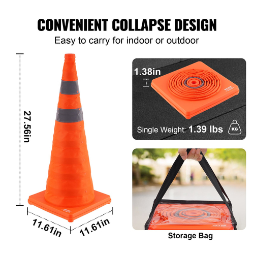 VEVOR Safety Cones, 2 Pack 28 ιντσών πτυσσόμενοι κώνοι κυκλοφορίας, δομικοί κώνοι με αντανακλαστικά κολάρα, φαρδιά βάση και τσάντα αποθήκευσης, για έλεγχο κυκλοφορίας, εκπαίδευση οδήγησης, χώροι στάθμευσης