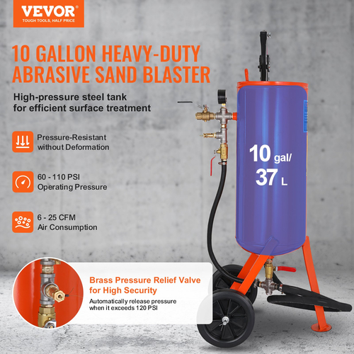 VEVOR 10 Gallon Heavy-Duty Sand Blaster 60-110 PSI με 2 ακροφύσια &amp; σωλήνα 7,5 ποδιών