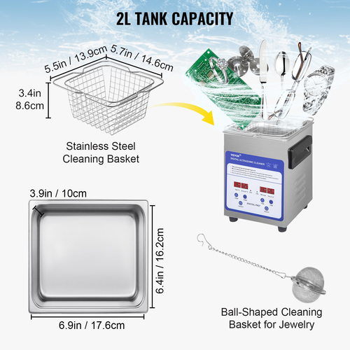 VEVOR Digital Ultrasonic Cleaner 2L Ultrasonic Cleaning Machine 40kHz Sonic Cleaner Machine 316 &amp; 304 Inox Steel Ultrasonic Cleaner Machine with Heater &amp; Timer for Cleaning Jewelry Glasses Watch