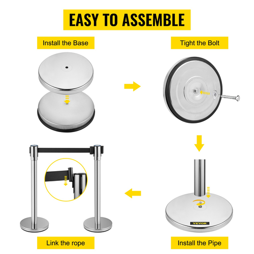 VEVOR Crowd Control Stanchion, Σετ 2 τεμαχίων Stanchion Set, Stanchion Set με 6,6 ft/2 m Μαύρη ανασυρόμενη ζώνη, Silver Crowd Control Barrier με σκυρόδεμα και μεταλλική βάση – Συναρμολόγηση Easy Connect