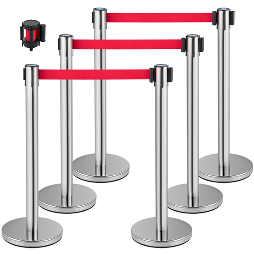 VEVOR Crowd Control Stanchion, Σετ 6 τεμαχίων Stanchion Set, Stanchion Set w/ 6,6ft/2m Κόκκινη ανασυρόμενη ζώνη, Ασημί φράγμα ελέγχου πλήθους με στιβαρή λαστιχένια βάση–Σύστημα εύκολης σύνδεσης για έλεγχο πλήθους