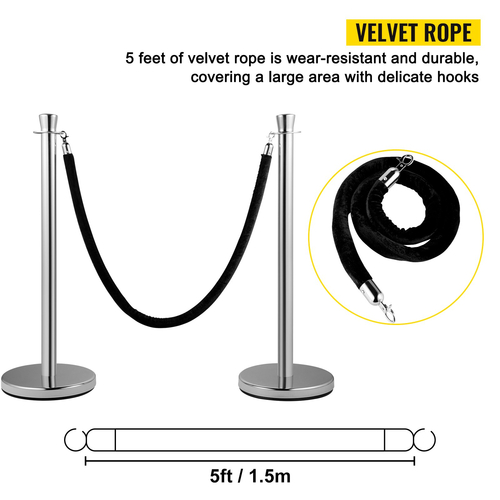 VEVOR Crowd Control Stanchion, Σετ 2 τεμαχίων Stanchion Set, Stanchion Set with 5 ft/1,5 m Black Velvet Rope, Silver Crowd Control Barrier με στιβαρό σκυρόδεμα και μεταλλική βάση - Συναρμολόγηση Easy Connect