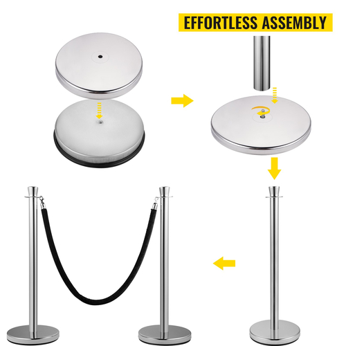 VEVOR Crowd Control Stanchion, Σετ 2 τεμαχίων Stanchion Set, Stanchion Set with 5 ft/1,5 m Black Velvet Rope, Silver Crowd Control Barrier με στιβαρό σκυρόδεμα και μεταλλική βάση - Συναρμολόγηση Easy Connect