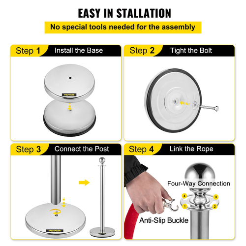 VEVOR Crowd Control Stanchion, Σετ 8 τεμαχίων Stanchion Set, Stanchion set with 5 ft/1,5 m Red Velvet Rope, Silver Crowd Control Barrier με στιβαρό σκυρόδεμα και μεταλλική βάση – Συναρμολόγηση Easy Connect