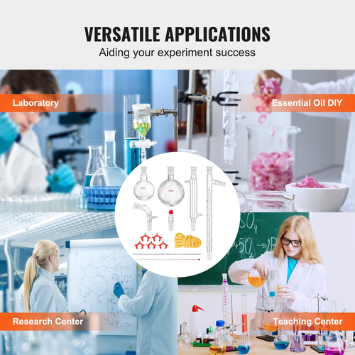 VEVOR Lab Distillation Kit, 3.3 Boro Lab Glassware Distillation Kit with 24, 40 Joint, 1000ml Esential Oil Distillation Apparatus Kit, 14 τμχ Σετ εξοπλισμού γυαλικών