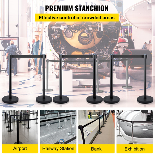 VEVOR 6PCS Μαύρη ζώνη Stanchion ουρά Stand Rope Retractable Crowd Barrier