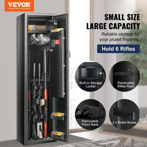 VEVOR 6 Rifles Gun Safe, Rifle Safe με δακτυλικό αποτύπωμα &amp; κλειδαριά ψηφιακού πληκτρολογίου, ντουλάπι αποθήκευσης όπλων με ενσωματωμένο ντουλάπι αποθήκευσης και αφαιρούμενο ράφι αποθήκευσης για πιστόλια &amp; Home Long Gun