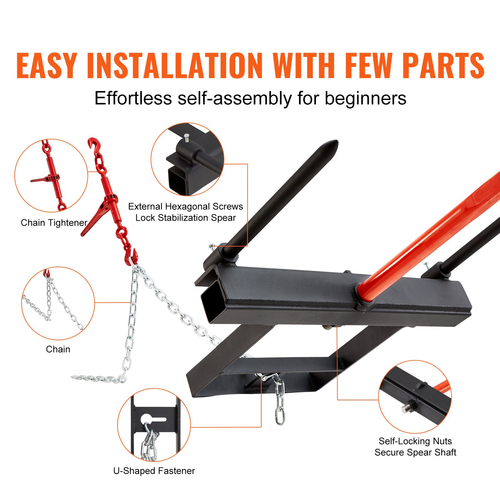 VEVOR 39&quot; Hay Spear, Bale Spears 1600lbs Loading Capacity, Skid Steer Loader Tractor Bucket Attachment with 2pcs 17,5&quot; Stabilizer Spears and 60&quot; Chain, Quick Attach Spike Forks