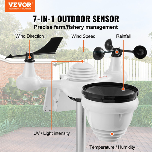 VEVOR 7-σε-1 Wi-Fi Weather Station 7 σε Ασύρματο εξωτερικό αισθητήρα οθόνης TFT