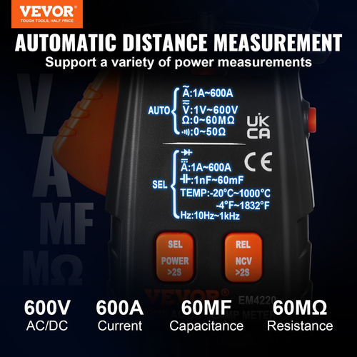 VEVOR Ψηφιακός μετρητής σφιγκτήρα T-RMS, 6000 Counts, 600A Clamp Multimeter Tester, Μετρά αντίσταση τάσης ρεύματος διόδους Συνέχεια διατήρησης δεδομένων, NCV για οικιακές συσκευές, συντήρηση σιδηροδρομικής βιομηχανίας