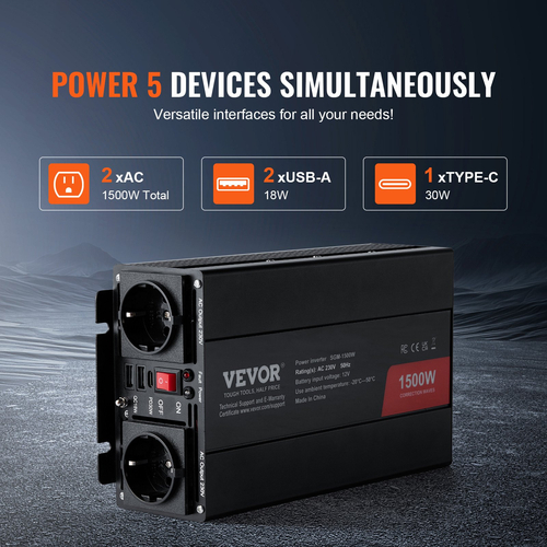 VEVOR Modified Sine Wave Power Inverter 1500W DC12V to AC230V CE FCC Certified