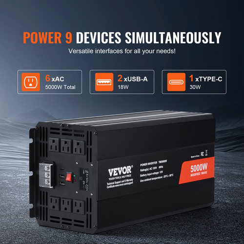 VEVOR Modified Sine Wave Power Inverter 5000W DC12V to AC120V LCD Τηλεχειριστήριο