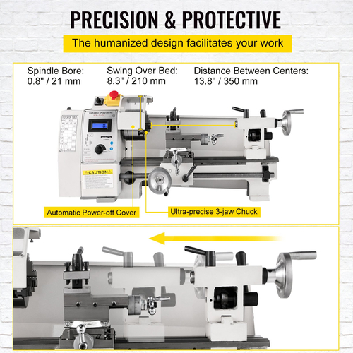 VEVOR Mini Metal Lathe 8x14, Mini Lathe Machine 2250 PRM Variable Speed ​​Change, Precision Mini Lathe 600W Metal Working Lathe, Μικρός μεταλλικός τόρνος, Μηχανή φρέζας για διάφορους τύπους τόρνου μετάλλου