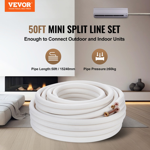 Set Mini Split Line VEVOR 15240mm, σωλήνες χαλκού σωλήνων OD 6,4 &amp; 9,5mm και μόνωση τριπλής στρώσης, για εξοπλισμό ψυκτικού ή αντλίας θέρμανσης Mini Split Air Conditioning &amp; HVAC με λωρίδες περιτυλίγματος.