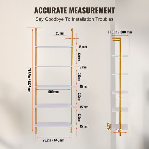 VEVOR Βιομηχανικό τετράγωνο ράφι 5 επιπέδων 24x11,8 ιντσών επιτοίχιας βάσης χρυσό λευκό