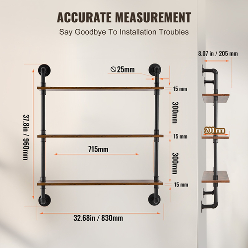 VEVOR Industrial Pipe Ράφι 3 επιπέδων 32x7,87 ιντσών επιτοίχιας βάσης για κρεβατοκάμαρα κουζίνας