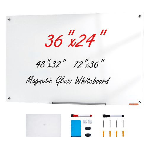 Whiteboard VEVOR Magnetic Glass, Dry Erase Board 36&quot;x24&quot;, Επιτοίχια Μεγάλη Λευκή Γυάλινη Πίνακας χωρίς πλαίσιο, με Δίσκο μαρκαδόρων, Γόμα και 2 Μαρκαδόρους, Λευκό