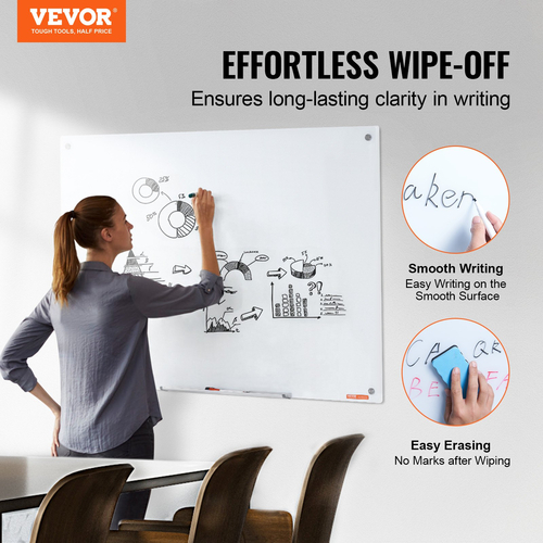 Λευκός πίνακας VEVOR Magnetic Glass, Dry Erase Board 48&quot;x32&quot;, Επιτοίχιος Μεγάλη Λευκή Γυάλινη Πίνακας χωρίς πλαίσιο, με δίσκο μαρκαδόρου, μια γόμα και 2 μαρκαδόρους, λευκό