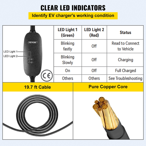 Φορητός φορτιστής EV VEVOR, Τύπος 2 10A, Ηλεκτρικός φορτιστής οχήματος Καλώδιο φόρτισης 6 μέτρων με βύσμα 3 ακίδων ΗΒ, IP66 Max Waterproof Level, 3kW 250V IEC 62196-2 Home Station φόρτισης EV με τσάντα μεταφοράς, CE