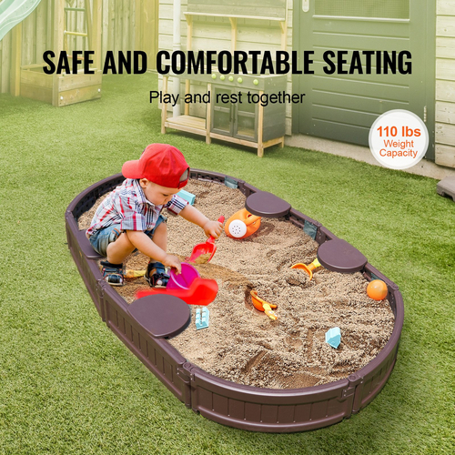 VEVOR Sandbox with Cover Oval Sand Box HDPE Sand Pit Outdoor Backyard Backyard 3-12