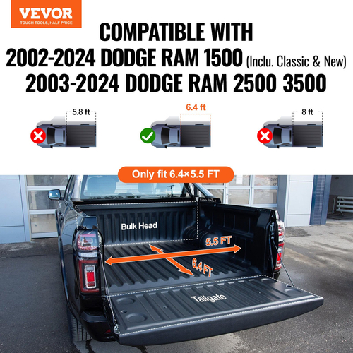 VEVOR Quad-fold Tonneau Cover Truck Bed Cover for 2002-2024 Dodge Ram 1500 PVC