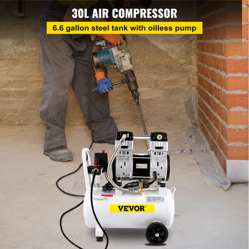 VEVOR Air Compressor, Δεξαμενή αεροσυμπιεστή 30L/6,6 Gallon, φορητό κιτ αεροσυμπιεστή χωρίς λάδι 1,5HP 1100W για γκαράζ, Ultra Quiet, 102PSI, 7,1CFM, 1440RPM, για φούσκωμα ελαστικών,Ανακαίνιση σπιτιού, To Airo