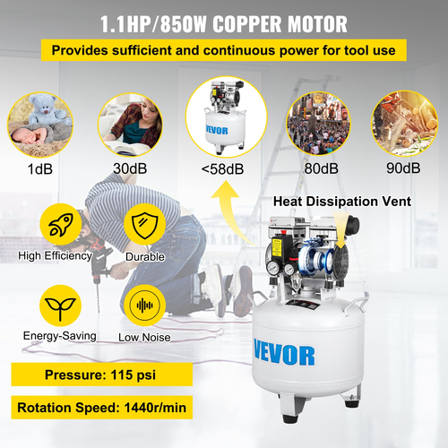 VEVOR Vertical Air Compressor 8,8 Gallon Ultra Quiet Air Compressor 40L Tank Silent Air Compressor 850W Oil free Compressor Χαμηλό θόρυβο