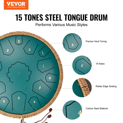 VEVOR Steel Tongue Drum 14 in 15 Rain Drum for Outside C Major Green