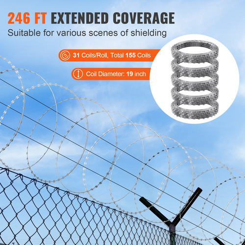 VEVOR Razor Wires, 246 ft Razor Barbed Wire, 5 Rolls Razor Wire Fence περίφραξη ξυραφιού, Razor Ribbon Razor Wire Γαλβανισμένος φράχτης ξυραφιού, Rolls Razor for Garden