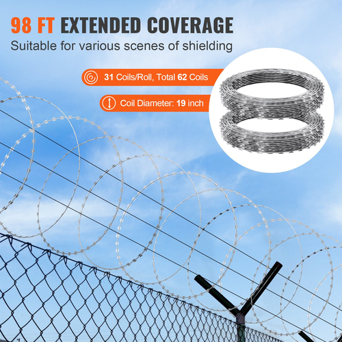 VEVOR Razor Wires, 98 ft Razor Barbed Wire, 2 Rolls Razor Wire Fence περίφραξη ξυραφιού, Razor Ribbon Razor Wire Γαλβανισμένος φράχτης ξυραφιού, Rolls Razor for Garden