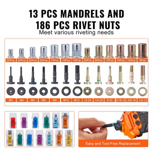 VEVOR Rivet Nut Tool, 16&quot; Rivnut Tool Kit with 13PCS Metric and SAE Mandrels, 186PCS Rivet Nuts, M3, M4, 10-24, M5, M6, 1/4-20, 8-32, 5/16-18, M8 , 3/8-16, M10, M12, 1/2-13, Semi-auto Retraction