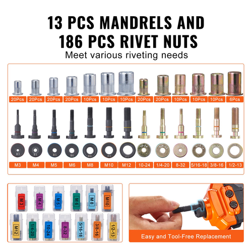 VEVOR Rivet Nut Tool, 16&quot; Rivnut Tool Kit with 13PCS Metric and SAE Mandrels, 186PCS Rivet Nuts, M3, M4, 10-24, M5, M6, 1/4-20, 8-32, 5/16-18, M8 , 3/8-16, M10, M12, 1/2-13, Με θήκη μεταφοράς