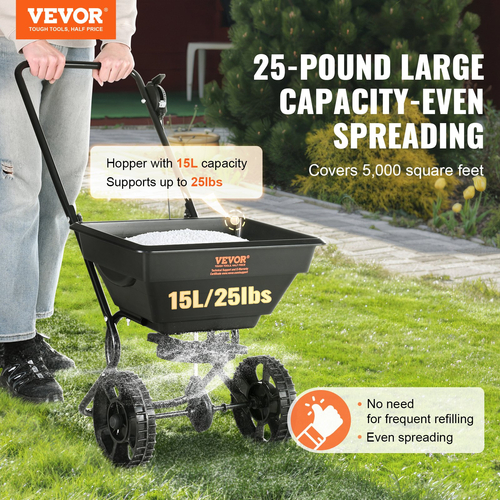 VEVOR Broadcast Spreader, 25 LB Walk-Behind Turf Spreader με 8&quot; τροχούς, Steel Push Fertilizer Spreader, Garden Seder και Salt Spreader, Σχεδιασμένο για κατοικίες, αγροκτήματα και σκληρό έδαφος, μαύρο